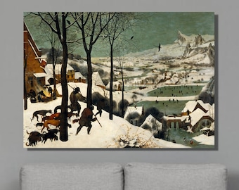 May include: A painting depicting a snowy winter scene with a village in the background. The foreground features figures walking through the snow with dogs. The painting is framed and ready to hang.