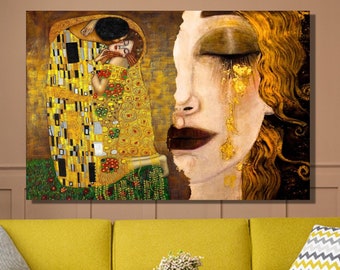 Impresión en lienzo de Klimt: El beso y las lágrimas de Freya, decoración artística dorada
