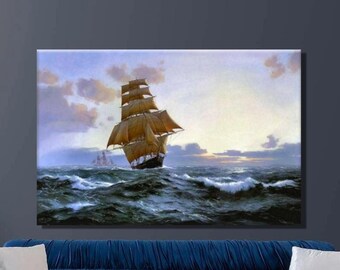 Impresión en lienzo de un velero: arte náutico de barco pirata, decoración de pared para el hogar 36i