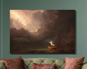 May include: A painting of a dramatic seascape with a small boat and a figure in the distance. The sky is dark and stormy, with a bright light shining through the clouds. The painting is framed and hanging on a green wall.