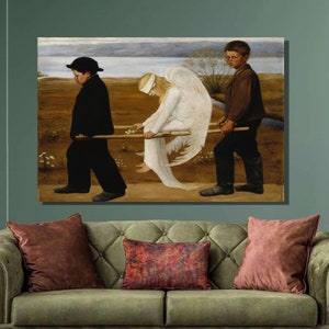 May include: Two boys carry a winged figure on a stretcher. The figure is dressed in white and has long blonde hair. The boys are wearing dark clothing and are walking on a path with green grass and flowers.