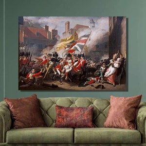 May include: A painting depicting a historical battle scene with soldiers in red uniforms and a crowd of people in the background. The soldiers are holding flags and weapons, and there is smoke in the air. The painting is set in a city street with buildings on either side.