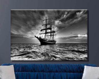 Lienzo impreso de velero en blanco y negro, arte náutico para pared