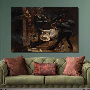 May include: A painting depicting a scene of an artist working in a studio, surrounded by figures with wings. The artist is holding a palette and brush, and there are other objects scattered around the room.