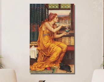 May include: A painting of a woman in a yellow robe sitting by a window, holding a goblet. She is looking out the window at a scene of a town or city. A black cat is sitting on the floor in front of her.