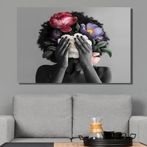 African American, Canvas Wall Art,African american woman with flowers,Beautiful Black Woman,Afro Canvas Painting,Home&Office Decor Gift32