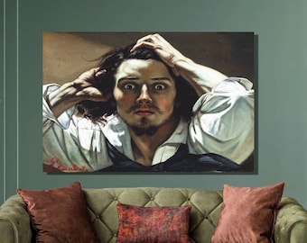 May include: A painting of a man with dark hair and a white shirt, holding his head in his hands. He has a distressed expression on his face. The painting is set against a dark background.