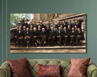 Impresión artística en lienzo de la Conferencia Solvay de 1927: Einstein, Curie, Poincaré