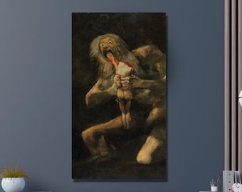 Può includere: Un dipinto che raffigura una grande figura grottesca con una lunga barba bianca, che tiene una figura più piccola nella sua bocca. La figura più grande ha un'espressione minacciosa e sembra divorare la figura più piccola.