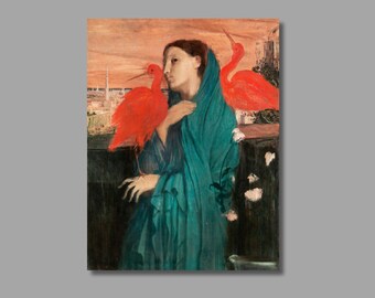 Pode incluir: Uma pintura de uma mulher com uma túnica azul esverdeada com dois pássaros vermelhos empoleirados em seu ombro e uma grade. O fundo é uma cidade com um céu de pôr do sol.