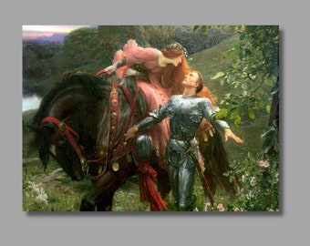 May include: A romantic painting depicts a knight in shining armor gazing up at a woman on horseback. The woman wears a pink dress and has long red hair. The horse is black, and the scene is set in a lush, green landscape.