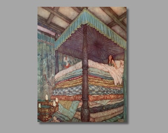 May include: A woman sits up in bed, looking startled. The bed is extremely high, with many layers of blankets and pillows. The bed is in a room with a wooden ceiling and a canopy.