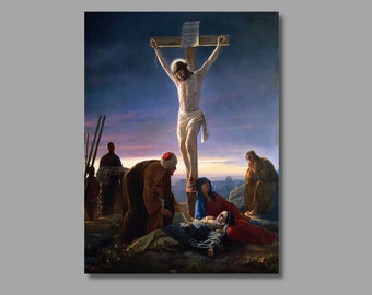 Op de afbeelding: Een schilderij dat de kruisiging van Jezus Christus voorstelt. Een man is aan een houten kruis genageld, met een groep mensen die eronder verzameld zijn. De lucht is donkerblauw met een vleugje paars, en de scène speelt zich af tegen de achtergrond van een stad in de verte.