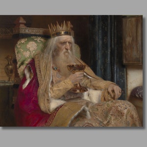 May include: A painting of a man wearing a gold crown and robe, sitting on a throne and holding a golden goblet. He has a long white beard and is looking down at the goblet.