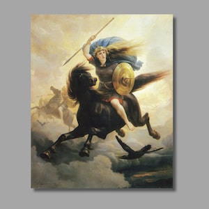 May include: A painting of a woman on a black horse, soaring through the sky, wielding a spear and shield. She wears a blue cape and a golden helmet. Two black birds fly beneath the horse, with other figures in the background.