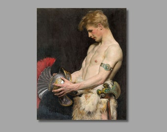 Puede incluir: Una pintura de un joven con cabello rojo, sosteniendo un casco plateado con una pluma roja. Lleva una prenda de piel y un brazalete plateado con una piedra turquesa. El fondo es oscuro.