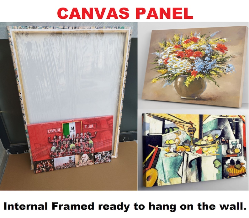 May include: Canvas panels with various artworks, including a floral still life in a brown vase, a colorful abstract still life, and a red panel with text and a team photo. The panels are internally framed and ready to hang.