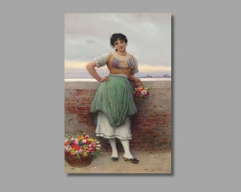 Impresión de lienzo de Eugene de Blaas, doncella recogiendo flores, decoración de la pared