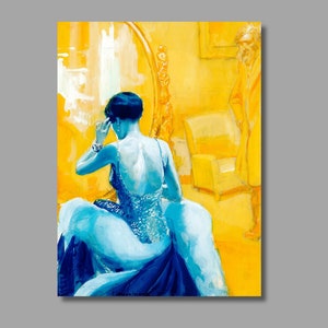 May include: A woman in a blue dress and a blue hat is looking in a mirror. The background is yellow and there is a man standing in the background.