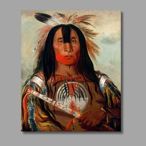 May include: Portrait of a Native American man with long black hair and red face paint. He wears a decorated garment and holds a ceremonial pipe. A feather adorns his head. The artwork is a painting with a vintage aesthetic.