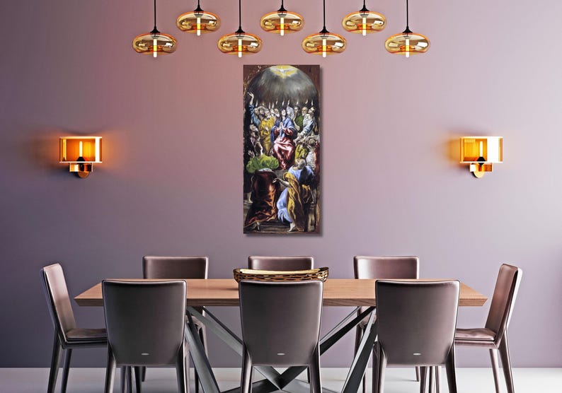 May include: A dining room featuring a wooden table with eight chairs, a painting, and several hanging pendant lights. The painting depicts a religious scene with figures in various colors. Wall sconces provide additional lighting.