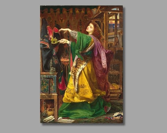 May include: A woman in a green, yellow, and purple robe reaches for a small, golden object. She is standing in a room with a loom and other objects. The painting is in a realistic style.