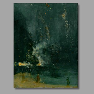 Pode incluir: Uma pintura de um céu noturno verde escuro com uma luz branca brilhante no centro. A luz é cercada por um brilho nebuloso e pequenos pontos dourados. A parte inferior da pintura é uma paisagem verde escura e marrom.