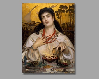 May include: A painting of a woman in a white robe pouring liquid from a golden cup into a red bowl. She is surrounded by various objects, including a frog, a seashell, and a small blue figurine. The background is a gold and brown mosaic.