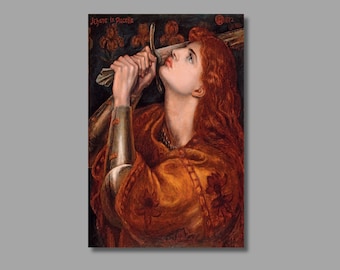 May include: A painting of a woman in armor, holding a sword and looking upwards. She has long, flowing red hair and is wearing a brown tunic with gold accents. The painting is titled "Jehane la Pucelle" and is dated 1892.