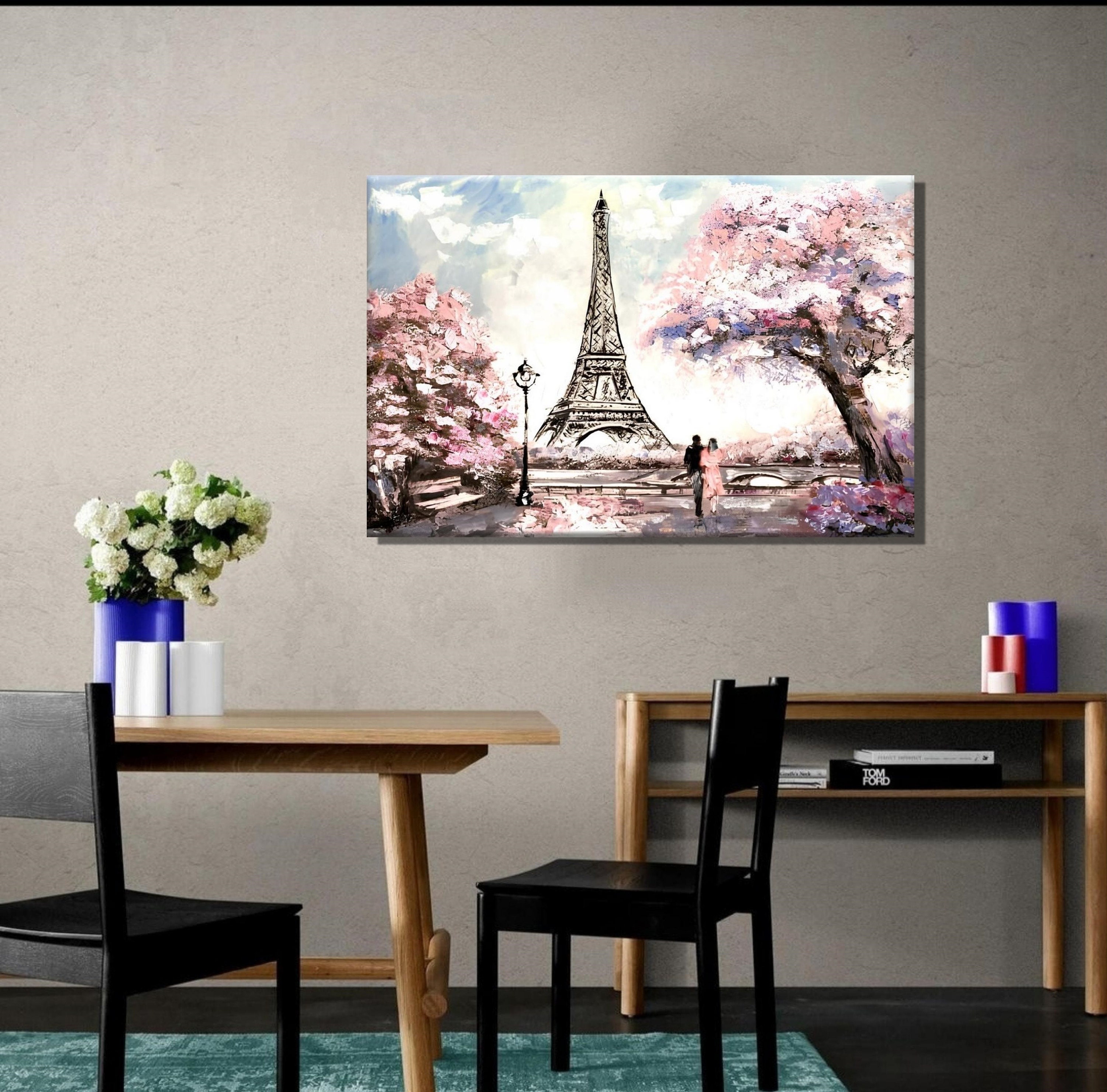 Paris Ölgemälde Druck - Eiffelturm Mit Rosa Regenschirm, 91x61 Cm Leinwand
