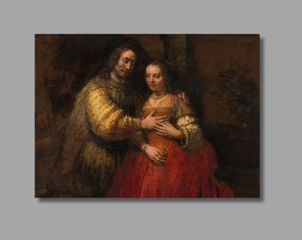 May include: A painting depicting two figures in historical attire. One figure, in a gold and brown garment, has their arm around the other, who is wearing a red dress. The artwork has a dark, warm color palette.