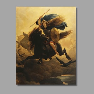 May include: A vintage painting shows a woman on a black horse, wielding a spear and shield. She wears a helmet and blue cape, riding through a cloudy sky. Crows fly around the horse, with a landscape in the background.