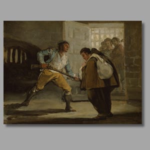 Può includere: Un dipinto a olio raffigura una scena drammatica con figure in abiti storici. Un uomo con una camicia blu e pantaloni gialli affronta un'altra persona, tenendo un fucile. Altre figure osservano sullo sfondo, suggerendo una narrazione tesa.