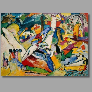 Könnte beinhalten: Abstraktes Gemälde mit leuchtenden Farben, darunter Gelb, Blau, Rot, Grün und Weiß. Das Gemälde zeigt geometrische Formen und fließende Linien, die eine dynamische und energiegeladene Komposition erzeugen.