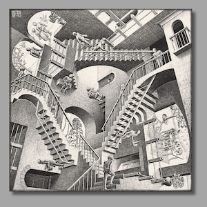 May include: Black and white print of a complex architectural structure with multiple staircases and figures. The artwork features an Escher-style optical illusion, with people walking on stairs that seem to defy gravity and perspective.