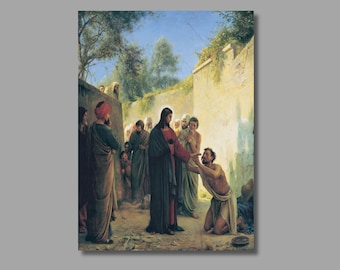 Op de afbeelding: Een schilderij dat een scène uit de Bijbel voorstelt, met daarop Jezus Christus in een rode mantel, die zijn hand uitsteekt naar een man die op de grond knielt. De man is bloot bovenlijf en draagt een lendendoek. Andere mensen staan om hen heen, sommigen dragen gewaden en anderen dragen eenvoudige kleding.