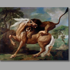 George Stubbs A Lion Attacking a Horse Art Print, George Stubbs  Canvas Wall Art,Modern art,Animal Canvas Print,Canvas Poster, Wall Decor6