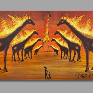 May include: An artistic painting depicts a surreal scene of giraffes with flaming manes and a central giraffe engulfed in flames. A small figure stands before them. The artwork is set against a warm, orange-toned background.
