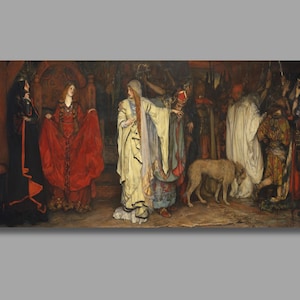 May include: A detailed painting depicting a medieval scene with figures in elaborate robes. A woman in a cream-colored gown gestures towards a group of people. A dog stands near the center. The color palette includes reds, blacks, and golds.