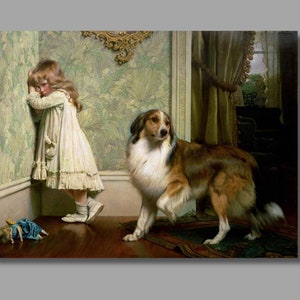 May include: A painting of a young girl standing in a corner with her head down, looking sad. A dog is standing in the foreground, looking at the girl. The painting is set in a room with patterned wallpaper and a rug on the floor.