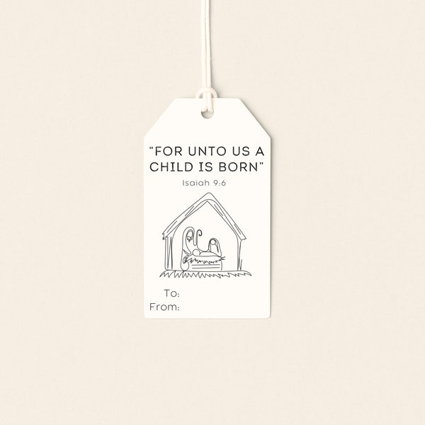Christmas gift tag | Nativity scene tag for Christmas | Printable holiday gift tag | Scripture Christmas tag | Bible verse tag | Line Art