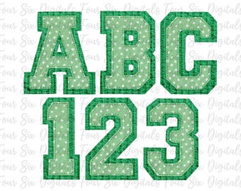 Letras PNG de acolchado falso, alfabeto de letras deportivas, universitario, conjunto alfa acolchado, alfabeto verde, mayúsculas, números, ABC png, acolchado falso