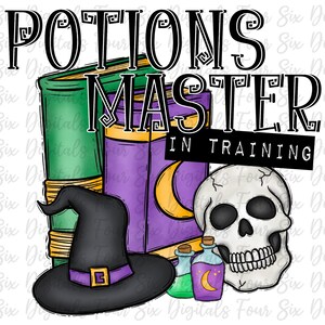 Maître des potions en formation png, livres de sorts de sorcière, potions crâne png, maître des potions
