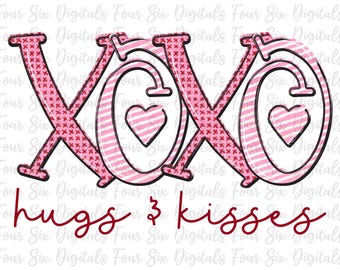 May include: Pink and red XOXO graphic with a heart and the text "hugs & kisses" in red.