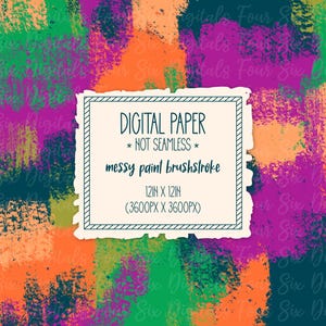 May include: Digital paper with a messy paint brushstroke pattern in shades of green, orange, pink, and teal. The paper is 12 inches by 12 inches (3600 pixels by 3600 pixels).