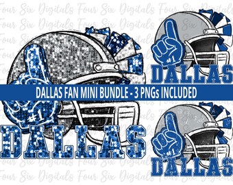 Può includere: Tre immagini digitali di un casco da football con un design di glitter blu e argento. Il casco è sormontato da un pompon blu e bianco. Il testo "DALLAS" è scritto in lettere di glitter blu sotto il casco. Il testo "#1" è scritto in lettere di glitter blu su un dito di spugna blu.