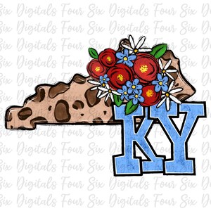 Peut inclure: Une illustration numérique de l'état du Kentucky avec un motif léopard et un bouquet de fleurs en rouge, bleu et blanc. Les lettres "KY" sont en bleu avec un aspect vieilli.