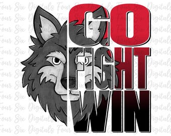 May include: A black and white wolf illustration with a red and white "GO FIGHT WIN" graphic overlayed on top. The wolf's face is partially visible on the left side of the image.