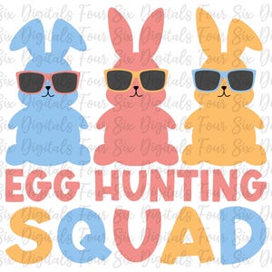 Puede incluir: Tres conejos de dibujos animados con gafas de sol y sosteniendo cestas. Los conejos son azul, rosa y amarillo. El texto "Egg Hunting Squad" está debajo de los conejos.