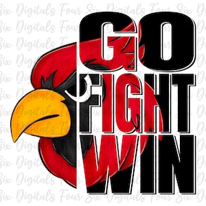 Może przedstawiać: Grafika przedstawiająca czerwonego kardynała z napisem "GO FIGHT WIN" w kolorze czarnym. Grafika idealnie nadaje się dla drużyny sportowej lub fana.